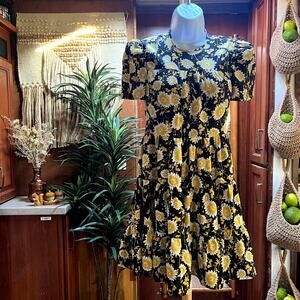 Likely River Cleo Floral Mini Dress 0 Yellow Black Puff Sleeve Fit Flare Wedding